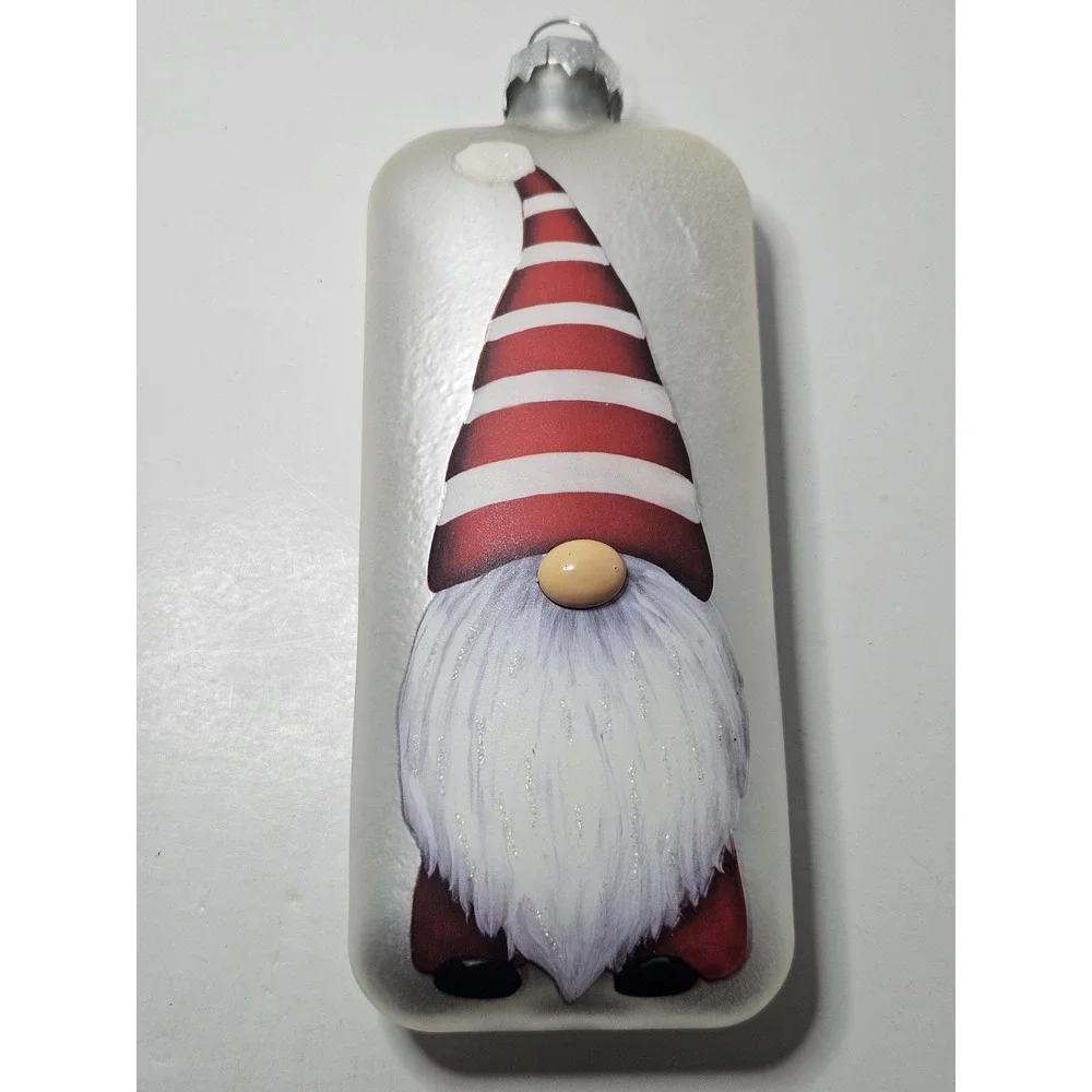 Glass Gnome Christmas Ornament Rectangle Flat Silver White Red Striped Hat 6